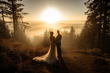 Wedding silhouette couple posing on sunset in beautiful forest at wedding day. Bride and groom in love. Non-existent person. Generative Ai.