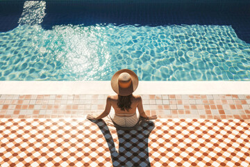 Enjoying suntan. Top view of young woman with hat on the near the private swimming pool in beautiful tiled backyard. Vacation concept. Illustration. Generative AI
