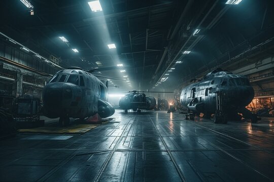 Illustration Of Military Hangar Filled With Huge Spacecraft. Airbase Warehouse With Air Combat Vehicles ,made With Generative AI