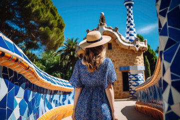 Young woman from behind in a blue dress and hat exploring the architecture of Park Guell in Barcelona, Spain. Illustration. Generative AI - obrazy, fototapety, plakaty