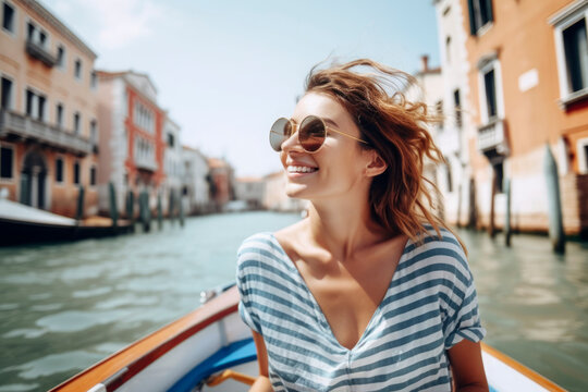 Happy woman in Venice smiling as she sails a Gondola through the city's canals, wearing a trendy blue and white striped dress and sunglasses, European Tourism. Illustration. Generative AI