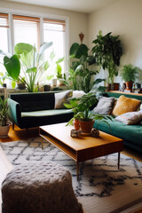 Living room filled with lots of plants and coffee table in front of window. Generative AI.