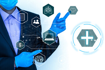 Businessman hold virtual medical network connection icons. Covid-19 pandemic develop people awareness and spread attention on their healthcare, rising growth in hospital and health insurance business