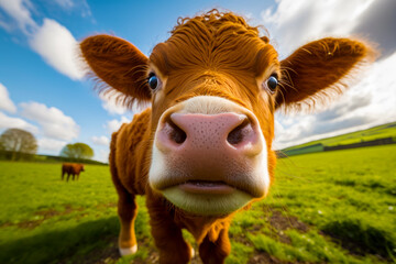 Close up of cow's face in field of grass. Generative AI.