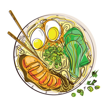 recommend clip art: Asian cuisine colored sketch drawing with chicken miso soup with noodles and vegetables in a bowl with chopsticks Top view. hand drawn vector illustration. Food menu design template.Asian food concept
