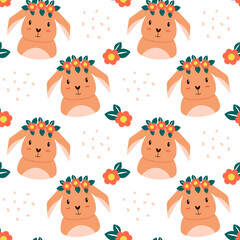 Naklejka premium Pattern with cute cartoon rabbit and flowers. Seamless pattern. Can be used to fill web page background, textile, wrapping paper. Vector