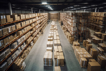 Large warehouse filled with lots of boxes and pallets of boxes on shelves. Generative AI.