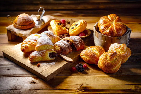 Croissants, pastries, and berries on cutting board. Generative AI.