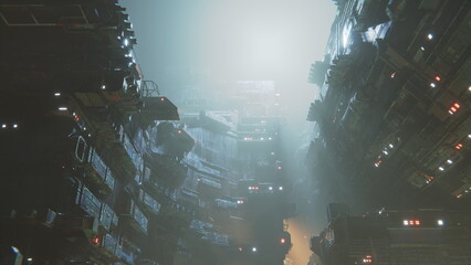 Space city station at night, cyberpunk ghetto. Big city base on an industrial planet. Apartments and rooms are glowing. 3d render © angel_nt