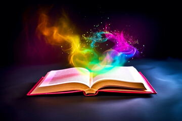 Open book with colorful smoke coming out of it on black background. Generative AI.