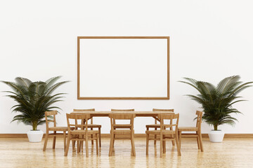 Dinning set on white background with copy space for add text, wooden chair and table, 3D rendering.