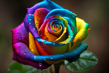 Multicolored rose with water droplets on it's petals and green leaf. Generative AI.
