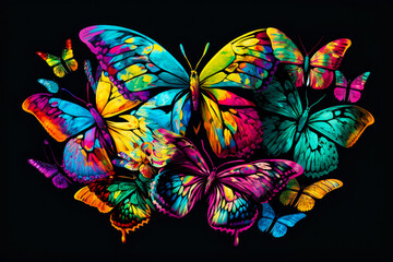 Group of colorful butterflies on black background with the colors of the rainbow. Generative AI.