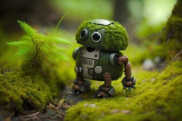 Adorable Small Modern Robot Walking in the Forest, Constructed with Green Moss Body, Generative Ai