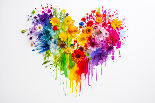 Bunch of flowers that are in the shape of rainbow painted heart. Generative AI.