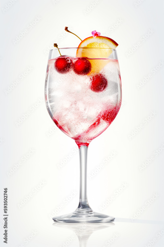 Sticker Wine glass filled with ice and cherries and slice of lemon. Generative AI.