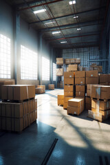 Warehouse filled with lots of boxes and boxes stacked on top of each other. Generative AI.