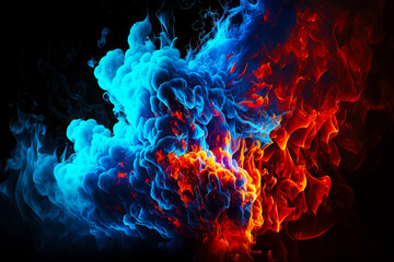 Group of red and blue smokes on black background with black background. Generative AI.