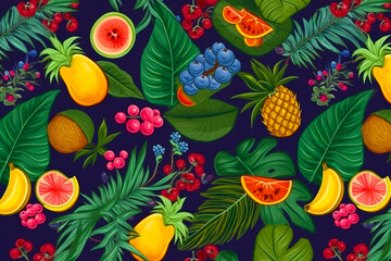 Pattern of fruits and leaves on blue background with berries, pineapples, oranges, and pineapples. Generative AI.