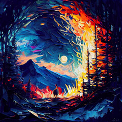 Oil painting  fragrant breeze, wooded hillside, stars,vibrant vivid light colors
