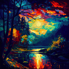 Oil painting  fragrant breeze, wooded hillside, stars,vibrant vivid light colors