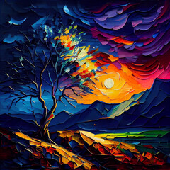 Oil painting  fragrant breeze, wooded hillside, stars,vibrant vivid light colors