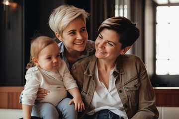 Fototapeta na wymiar Same-Sex Female Couple: Sharing a Joyful Moment with Their Adored Child. Generative AI