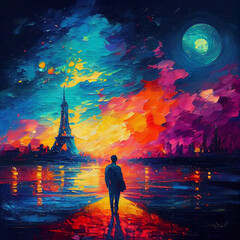 Oil painting Eiffel tower, black kitty, fragrant breeze, magnificent starry sky