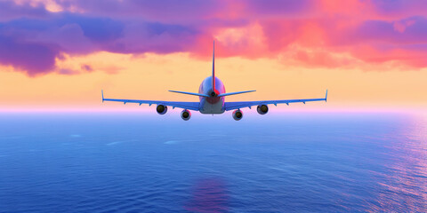 Fototapeta na wymiar Passengers commercial airplane flying above sea surface on colorful paradise sunset. Airliner in flight. Generative AI