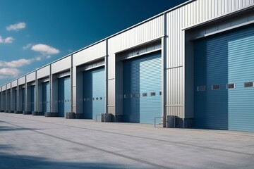 Large distribution warehouse with doors for goods loading - obrazy, fototapety, plakaty