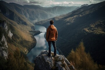 Man standing on the cliff and looking at landscape, created with generative AI