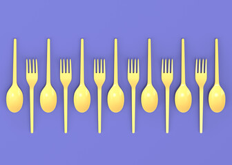 Set of disposable utensils like spoon, fork and knife on monochrome background.