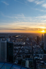 Aerial view of the Frankfurt skyline during sunset