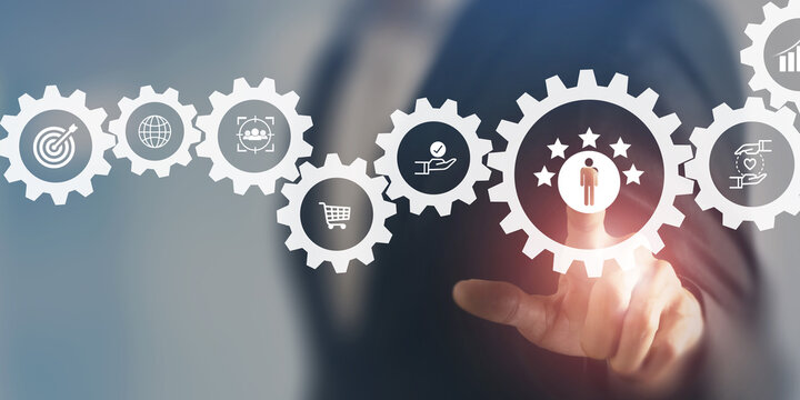 Customer satisfaction and loyalty concept. Evaluation for improving and developing product and service. Customer centric. Customer relationship management and retention. Customer engagement.