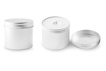 Blank Travel Tin Candle Jar Mock up template isolated on white background. open and closed tin candles. 3d rendering.