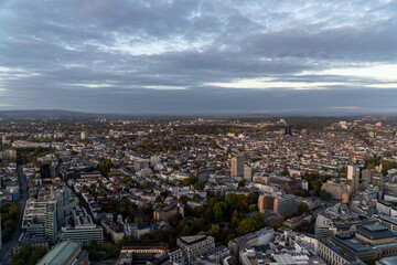 Aerial view of the Frankfurt skyline during sunset