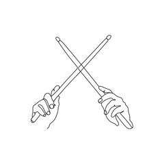 Drummer raise hands with drumsticks up. One line art. Musician artist performance concept. Hand drawn vector illustration.