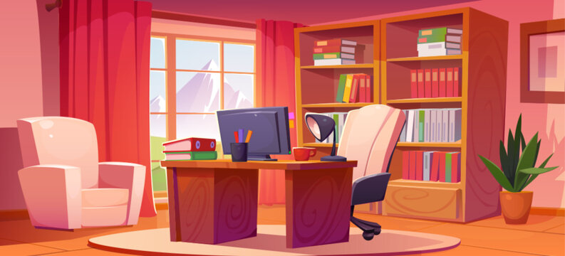 Home office interior design with furniture and mountain view in window. Vector cartoon illustration of room with computer on desk, comfortable armchair, folders on shelf. Workspace for freelance job