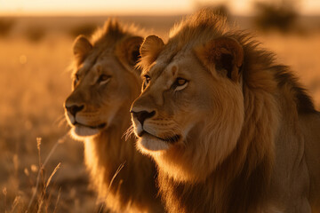 Naklejka na ściany i meble Majestic Lions Roaming the Vast Savannah at Sunset