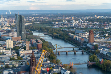 Fototapeta premium Aerial view of the Frankfurt skyline during sunset