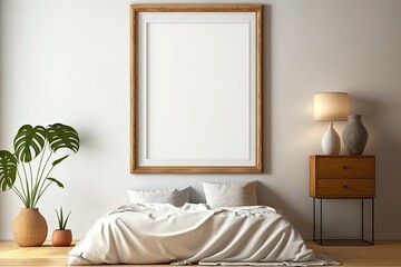 Empty wooden frame in a Boho bedroom mockup template, generative Ai