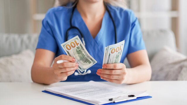 Hospital account. Medical invoice. Financial report. Unrecognizable female doctor counting money 100 bill US dollars banknotes cash filling record.