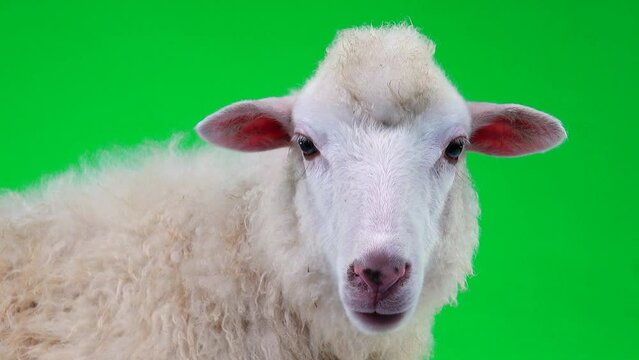 chewing white sheep close-up. sheep on green screen.