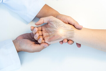 The orthopedic doctor or surgeon in uniform examined the patient with numbness of hand.Wrist pain in carpal tunnel syndrome with transparent anatomy of median nerve.Light effect on white background. - obrazy, fototapety, plakaty