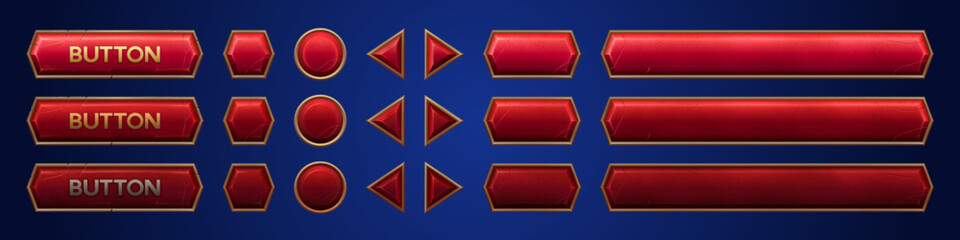 Red ui vector button animation for game interface cartoon set. Hover banner gold frame design isolated on dark background. Arrow, circle and signboard label for player menu. Log bar click collection © klyaksun