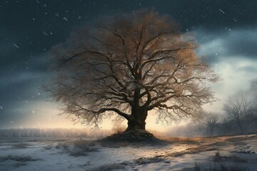 Fototapeta na wymiar Beautiful tree in winter landscape in late evening in snowfall, digital art, illustration painting. Generative AI