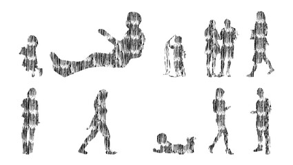 Fototapeta na wymiar Vector silhouettes, Outline silhouettes of people, Contour drawing, people silhouette, Icon Set Isolated, Silhouette of sitting people, Architectural set 
