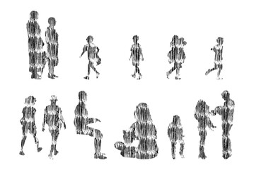 Fototapeta na wymiar Vector illustration, Outline silhouettes of people, Contour drawing, people silhouette, Icon Set Isolated , Silhouette of sitting people, Architectural set 