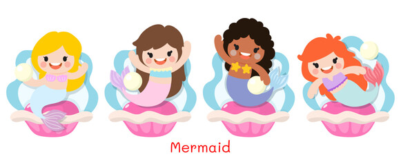 Mermaids Flat Clipart, sea animals and ocean life objects