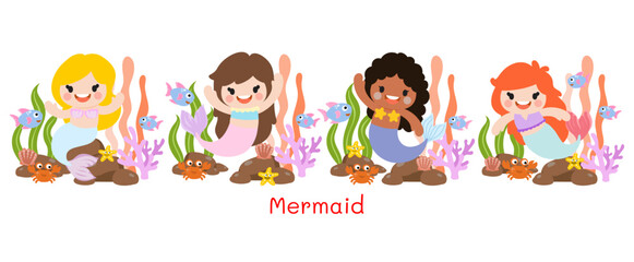 Mermaids Flat Clipart, sea animals and ocean life objects